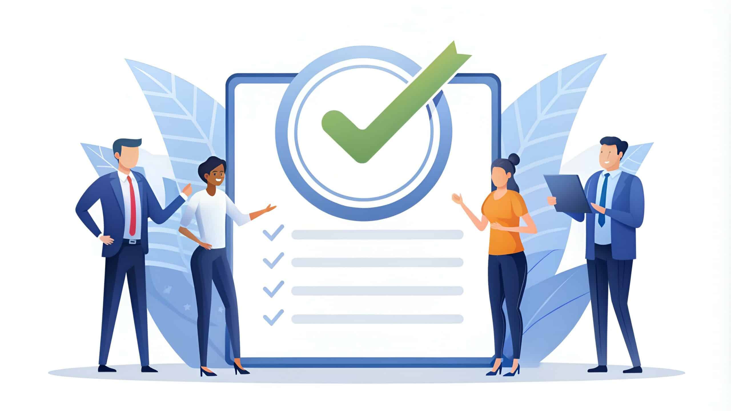 Vector quality control concept. Business people confirm and certify a quality product in accordance with ISO 9001. Stamp approval management production service. Flat illustration on white background