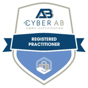 The Cyber AB CMMC Registered Practitioner badge, confirming Teal's team holds accredited credentials in CMMC certification guidance for defense contractors.