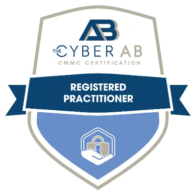The Cyber AB CMMC Registered Practitioner badge, confirming Teal's team holds accredited credentials in CMMC certification guidance for defense contractors.