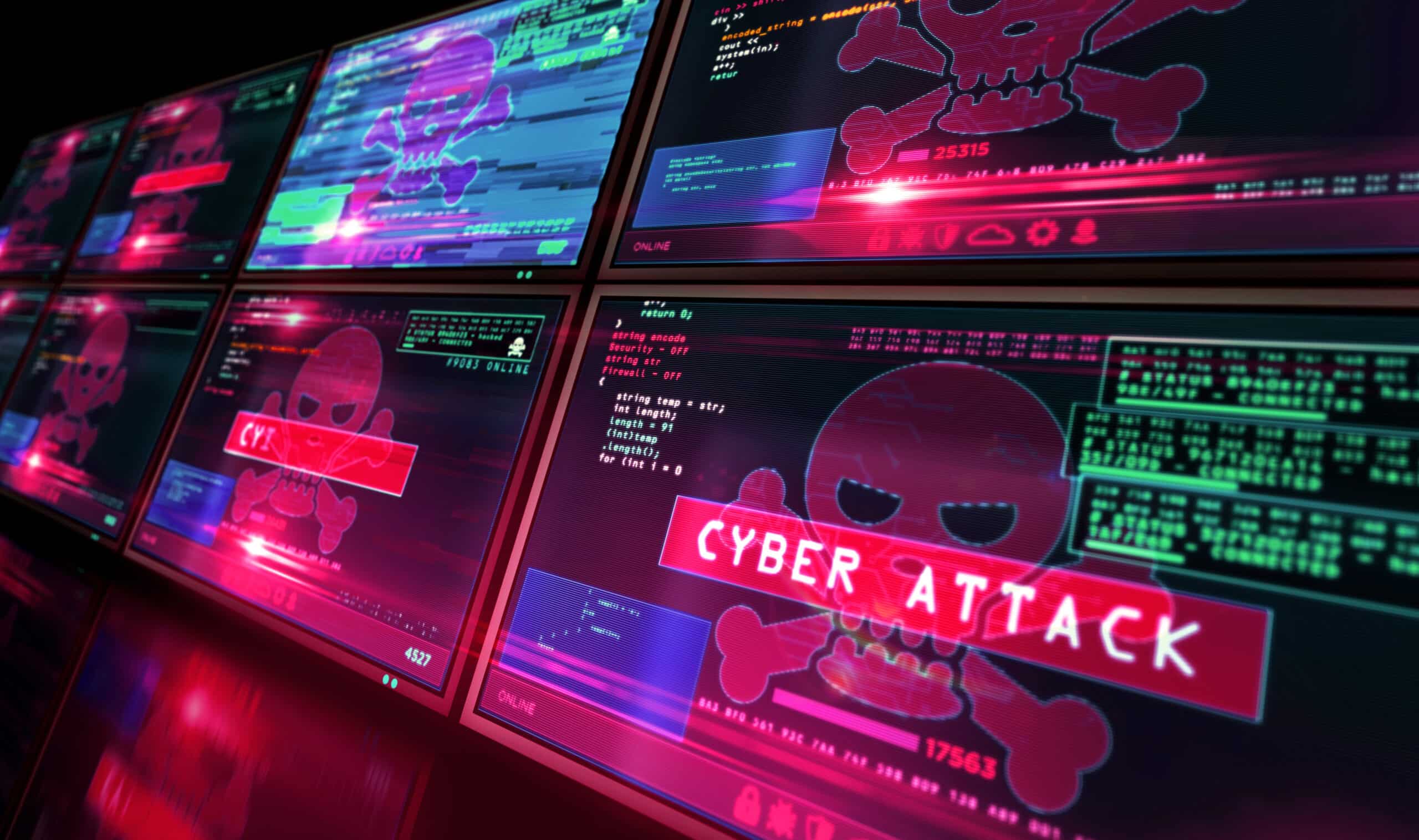 Cyber attack with skull symbol alert on screen