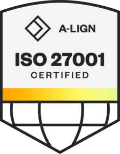 Teal ISO 27001 certification badge, issued by A-LIGN, confirming Teal's information security management system meets international standards.